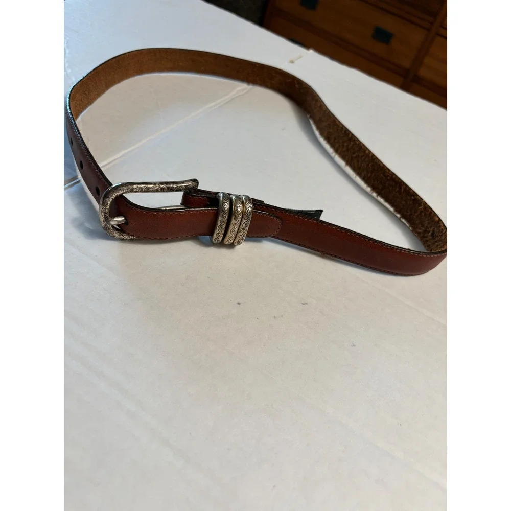 Brighton Brown Leather Belt Silver Engraved Scroll Buckle Triple Keeper Western